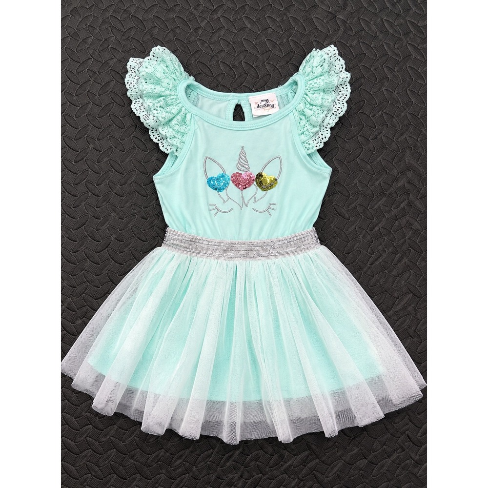 My Destiny Mint Green Unicorn Tutu Dress Sequin Lace Flutter Sleeve 6/9 Months